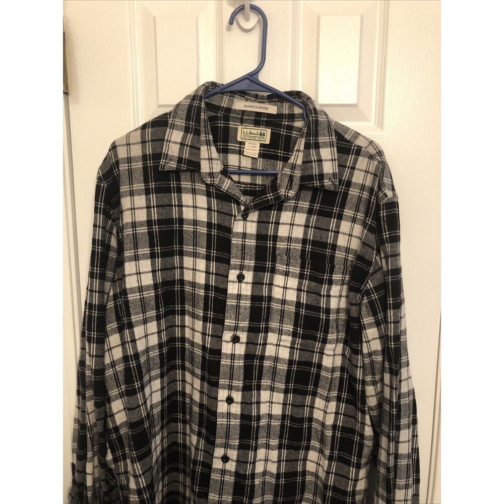 L.L. Bean Men's Button Up Long Sleeve Shirt L Reg. Flannel Plaid Black Gray
